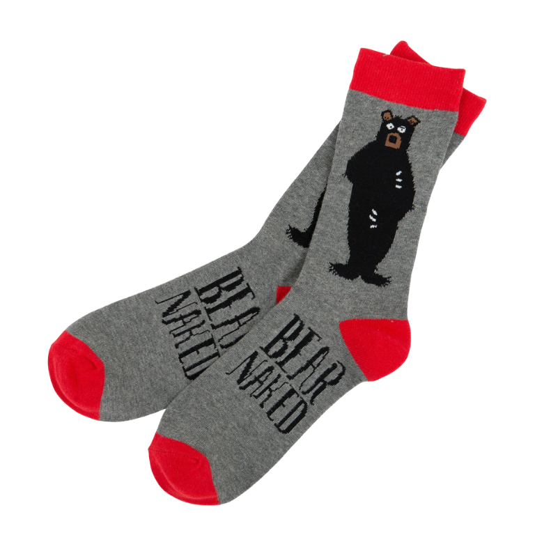 Chaussettes grises et rouges avec motif d'ours noir BEAR NAKED