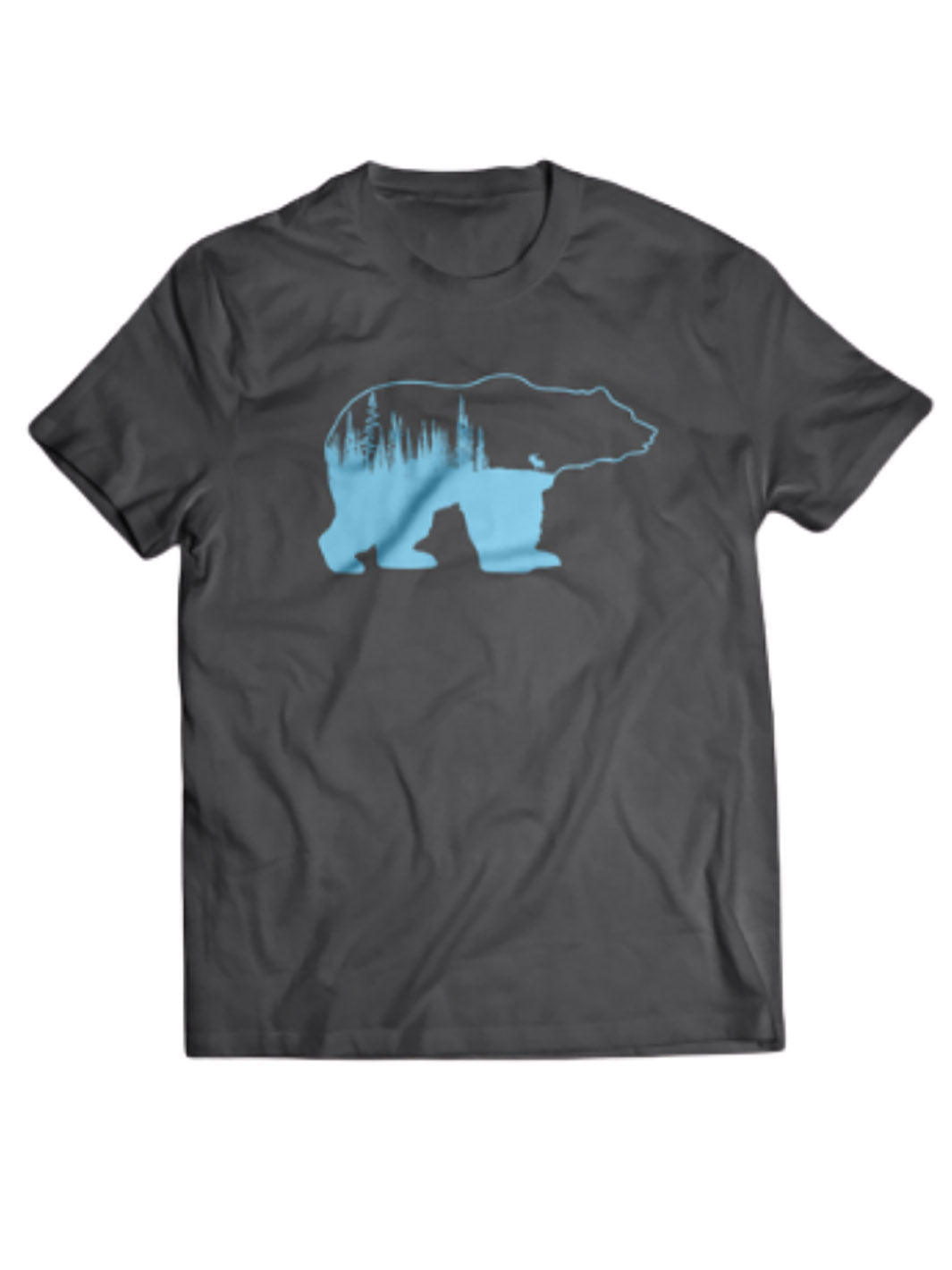 Tshirt gris foncé avec un motif bleu pale d'un ours avec une foret à l'interieur étalé sur un fond blanc