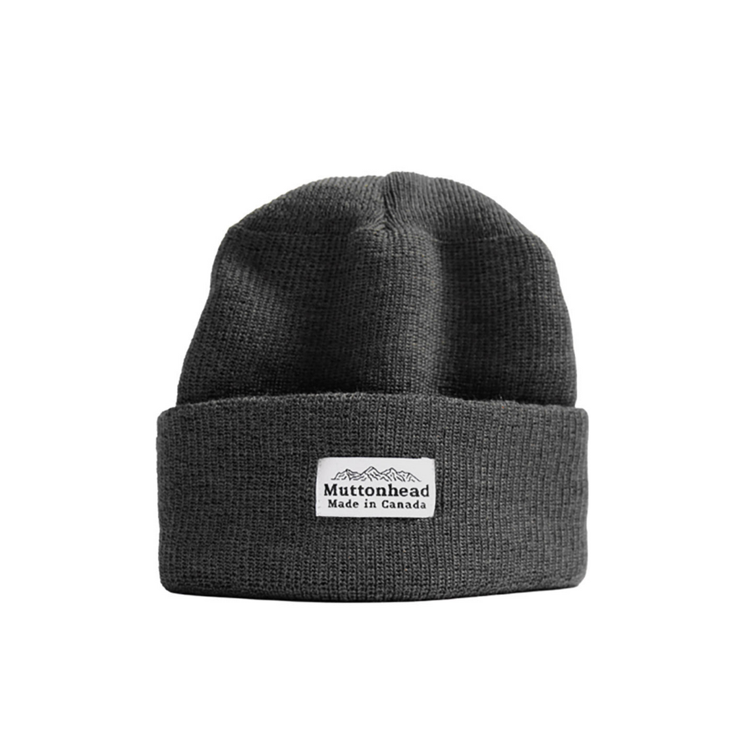 Tuque en laine merinos grise avec rebord plié et logo Muttonhead sur le devant