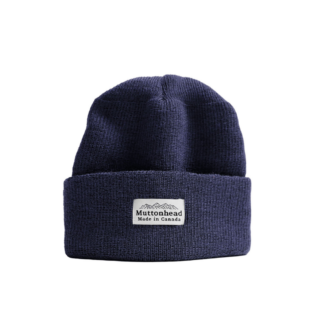 Tuque en laine merinos marine avec bord replié et logo Muttonhead sur le devant