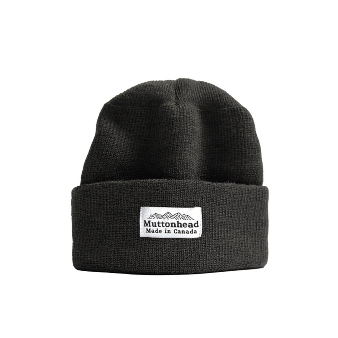 Tuque en laine merinos noire avec bord plié et logo Muttonhead sur le devant