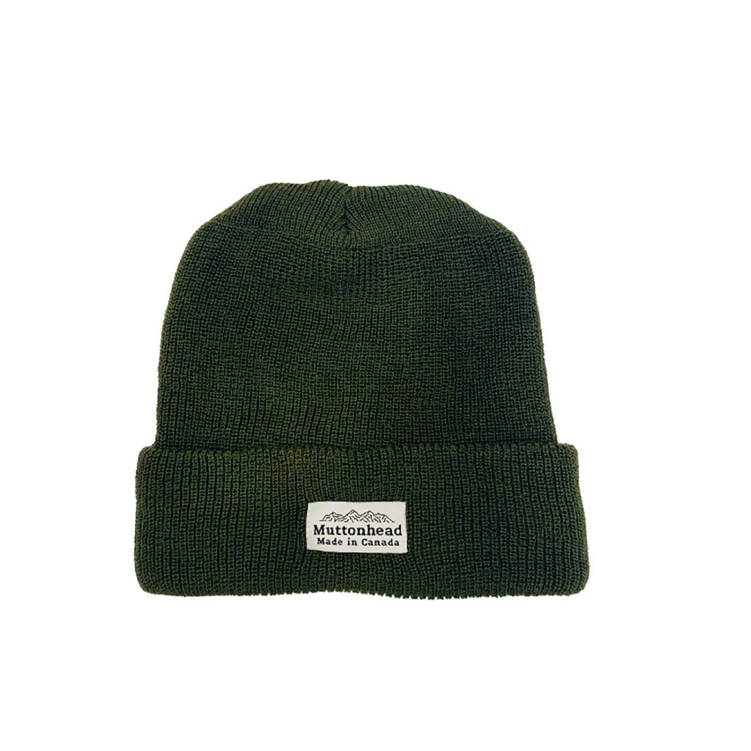 Tuque en laine merinos olive avec bord plié et logo muttonhead sur le devant