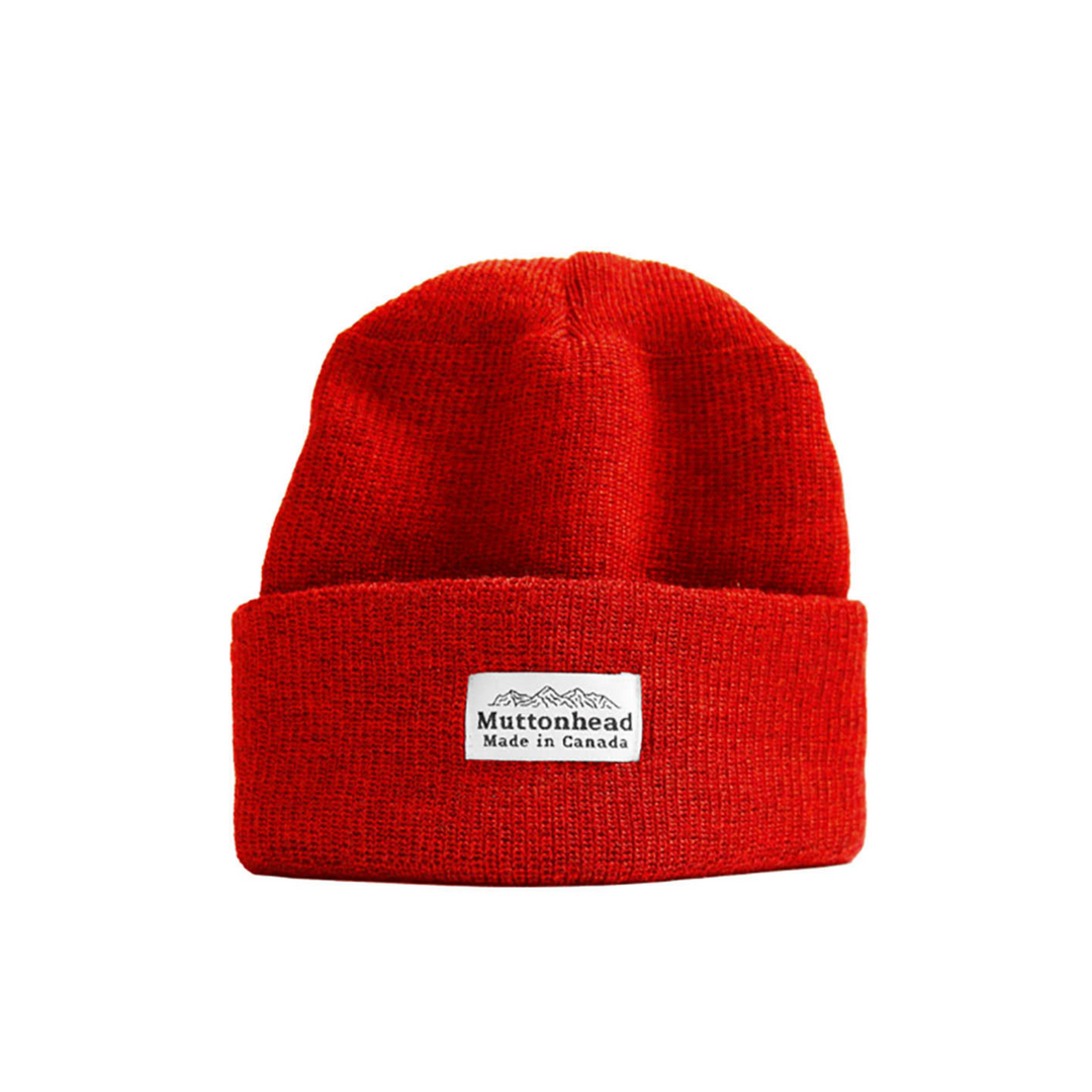 Tuque en laine de merinos rouge avec rebord plié et logo Muttonhead sur le devant