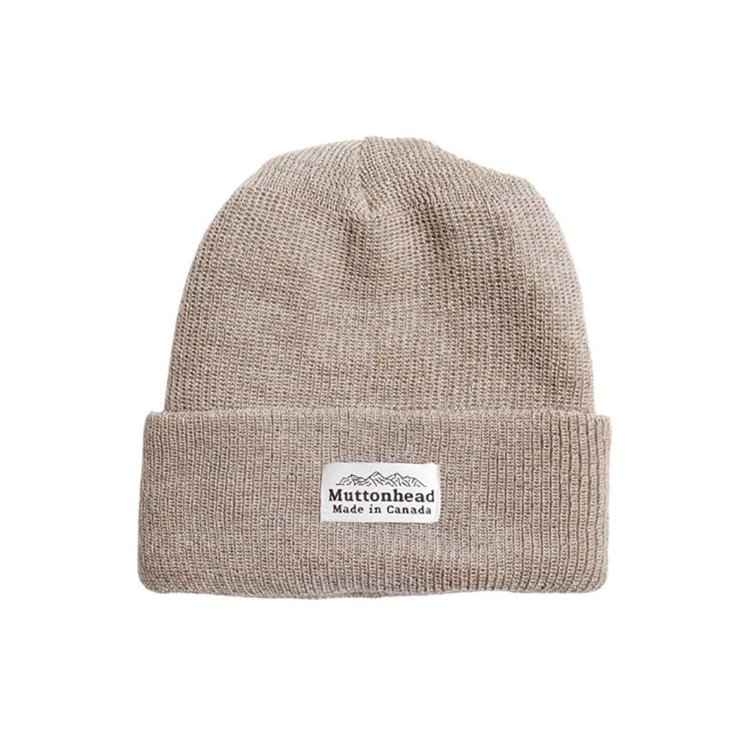 Tuque en laine merinos tan avec bord plié et logo Muttonhead sur le devant