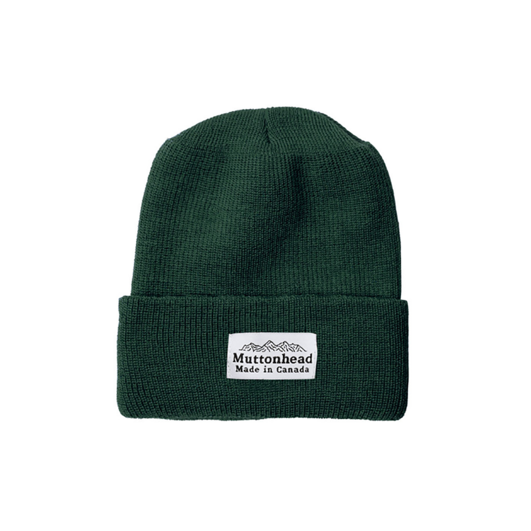 Tuque en laine merinos verte avec bord plié et logo Muttonhead sur le devant