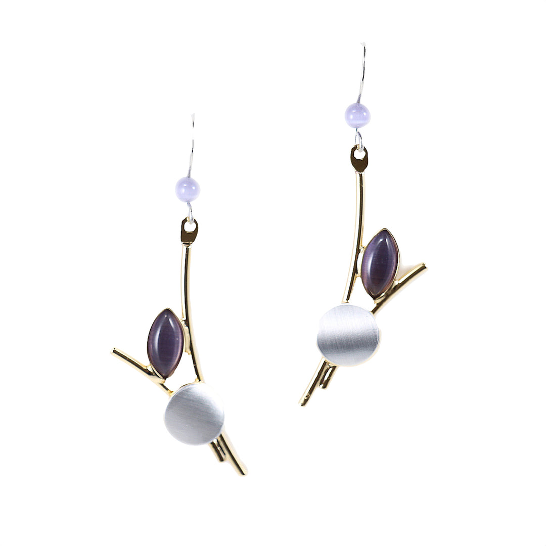 Boucles d'oreilles allongées dorées avec pierres mauves et grises