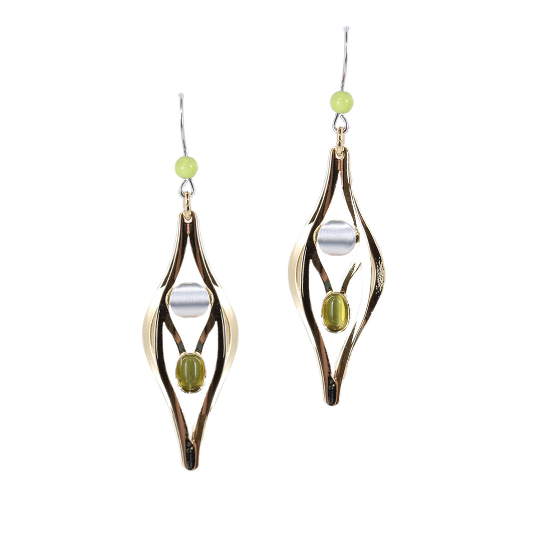Boucles d'oreilles gouttes dorées avec pierres vertes et grises
