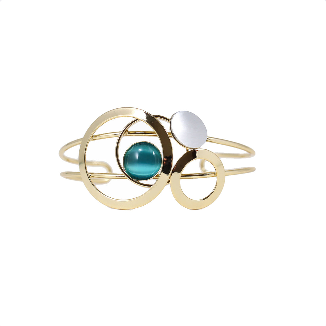 Bracelet en métal avec 3 cercles et pierres turquoises et grises
