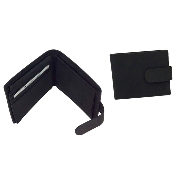 Portefeuille noir Canadian Leather avec porte-cartes et pochette à monnaie ouvert et fermé
