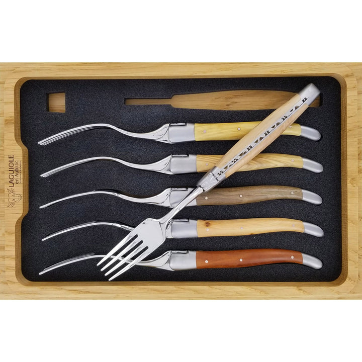 Coffret de 6 fourchettes Laguiole vu de dessus avec bois divers