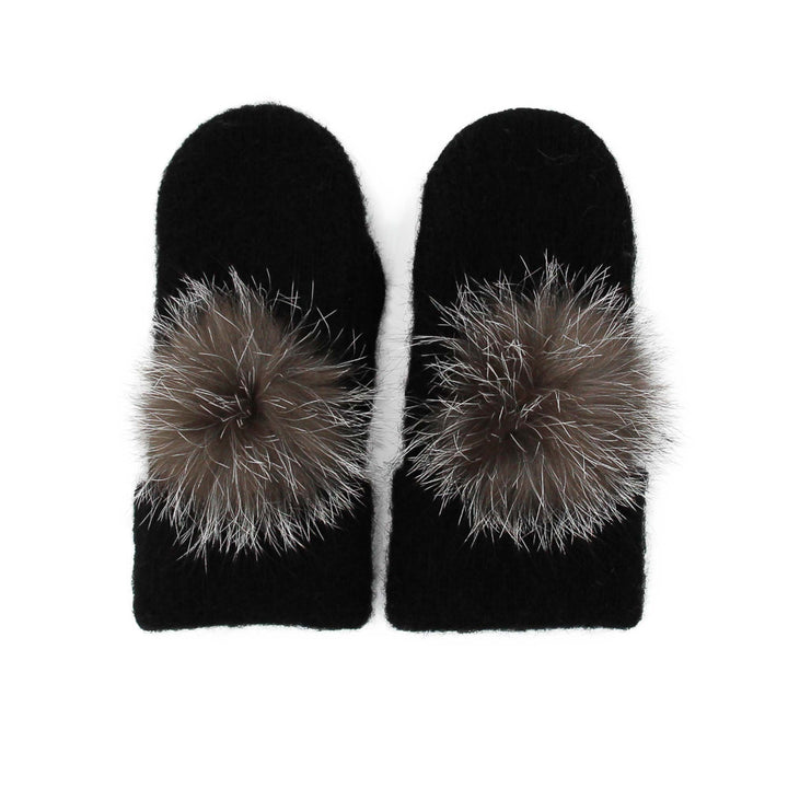 Mitaines en laine islandaise noires avec pompom gris sur le dessus vues de haut