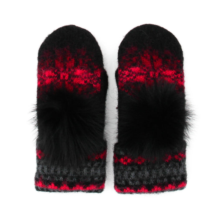 Mitaines en laine islandaise noires, rouges et grises avec pompom noir sur le dessus vues de haut