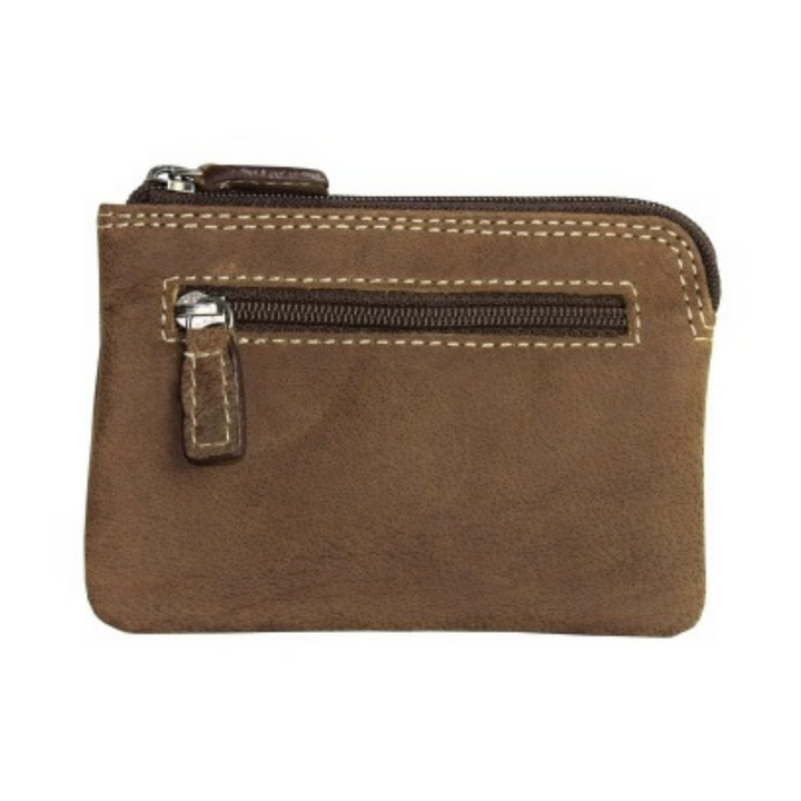 Porte-monnaie en cuir de bison fermé avec pochette à fermeture éclair à l'arrière vu de derrière