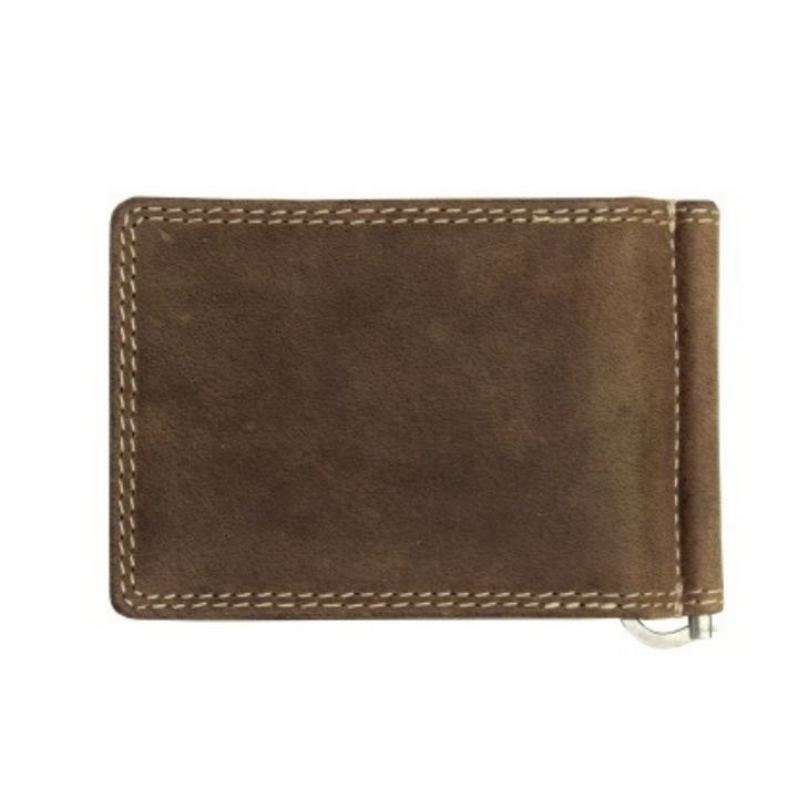 Portefeuille en cuir de bison avec les coutures sur le contour fermé avec clip vu de derrière