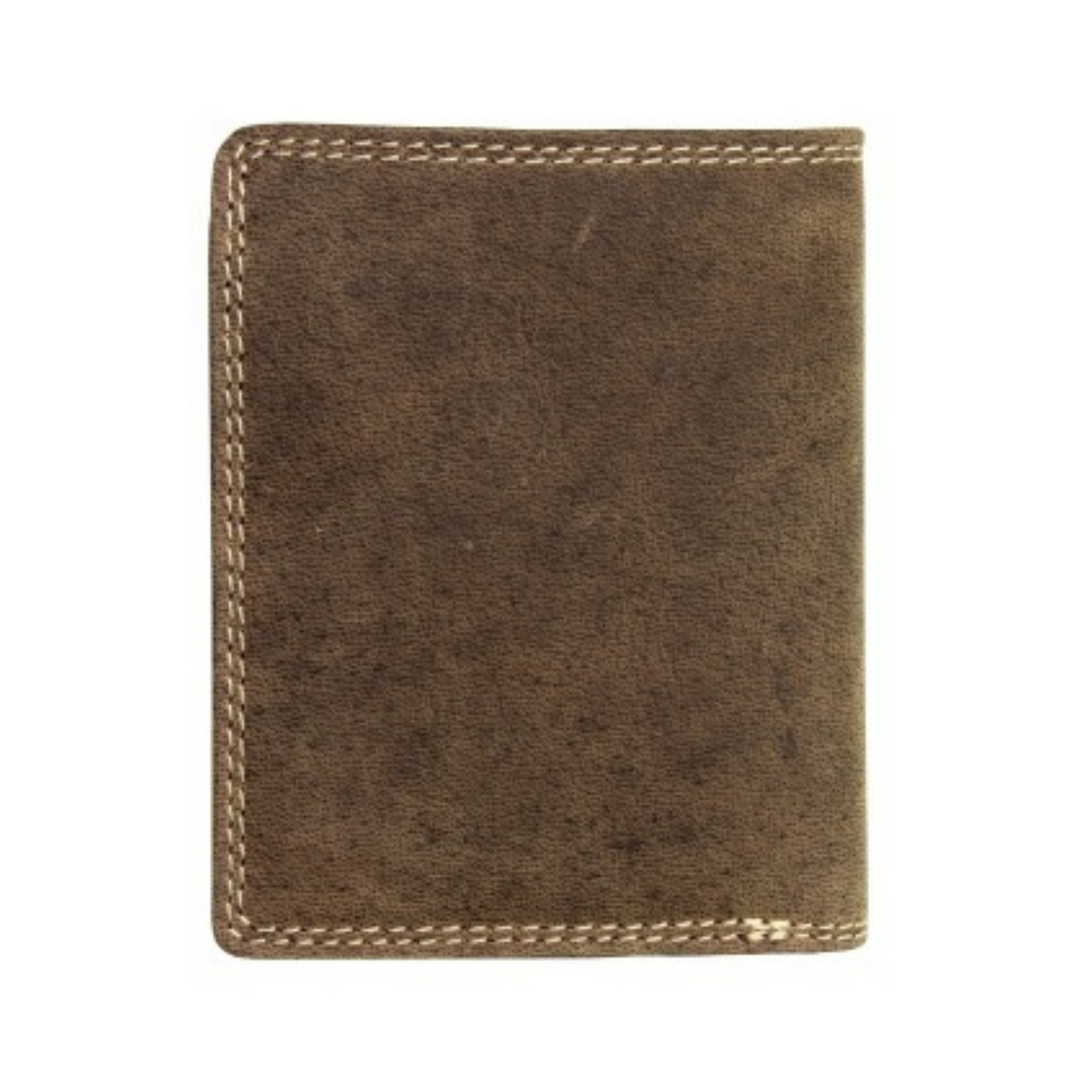 Portefeuille vertical en cuir de bison fermé avec les coutures sur le contour vu de derrière