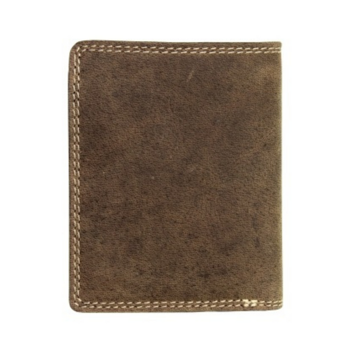 Portefeuille vertical en cuir de bison fermé avec les coutures sur le contour vu de derrière