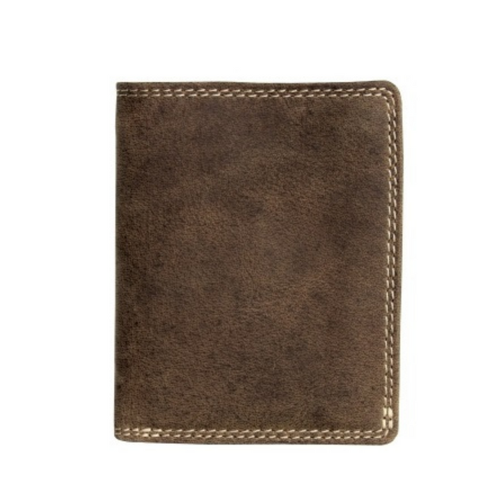 Portefeuille vertical en cuir de bison fermé avec les coutures sur le contour vu de devant