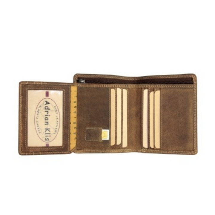 Portefeuille en cuir de bison avec rabat horizontal ouvert et porte-cartes vu de devant