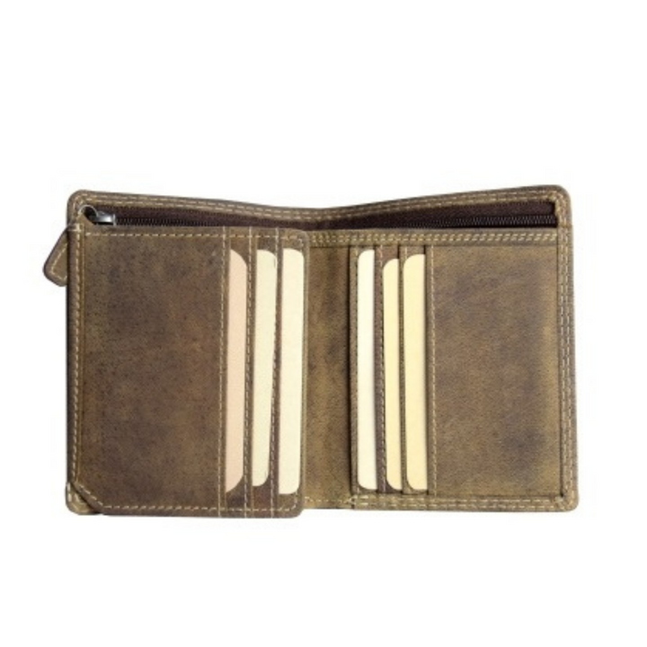 Portefeuille en cuir de bison ouvert avec porte-cartes vu de devant