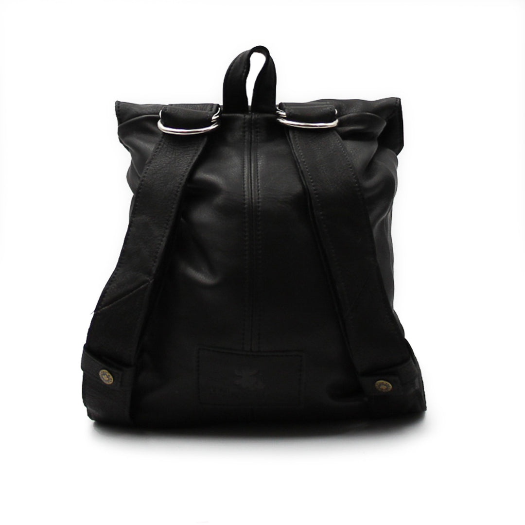 Sac à dos noir avec poignée sur le dessus et sangles vu de derriere