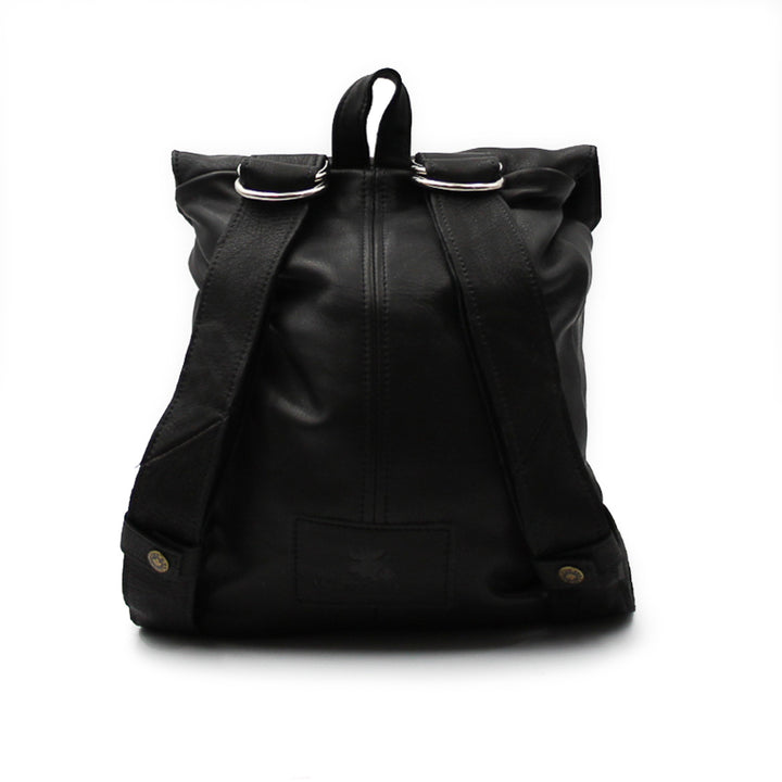 Sac à dos noir avec poignée sur le dessus et sangles vu de derriere