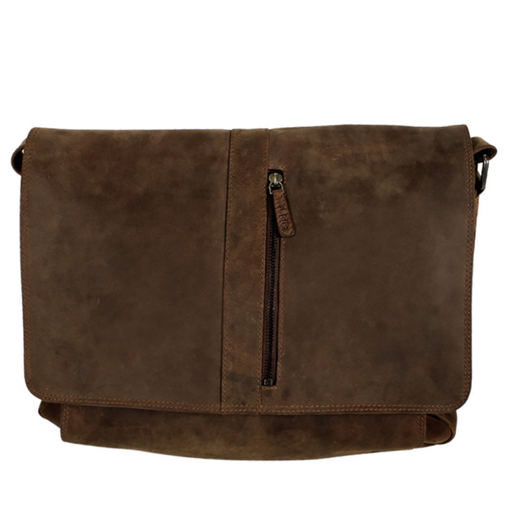 Sac messager format grand en cuir de bison avec pochette à fermeture eclair sur le devant