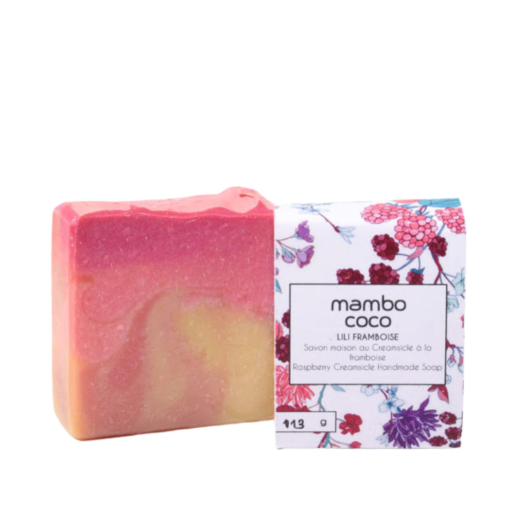 Savon Mambo coco Lili Framboise avec son carton d'étiquette en avant