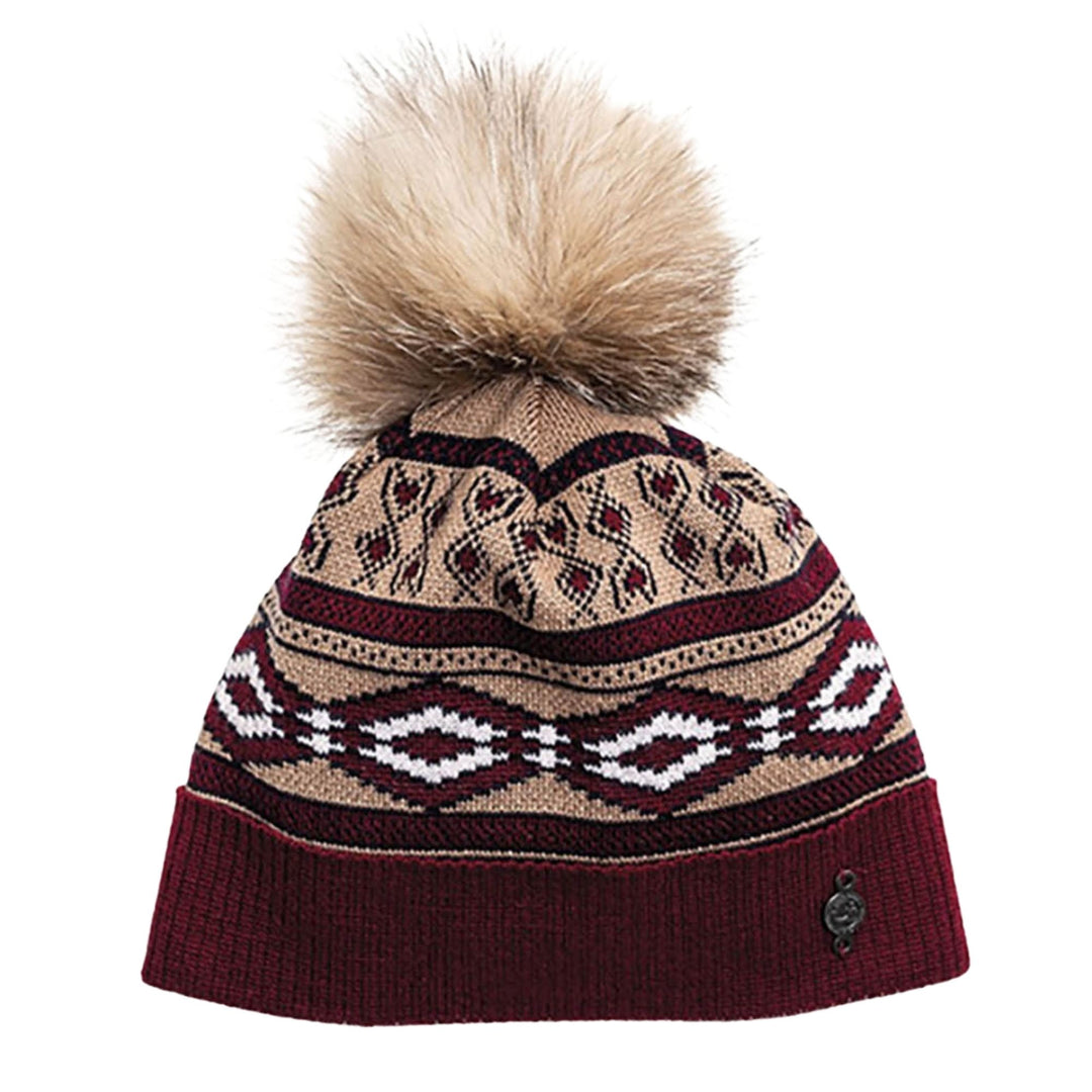 Tuque avec motifs vinatges bourgogne et beige avec un pompom beige