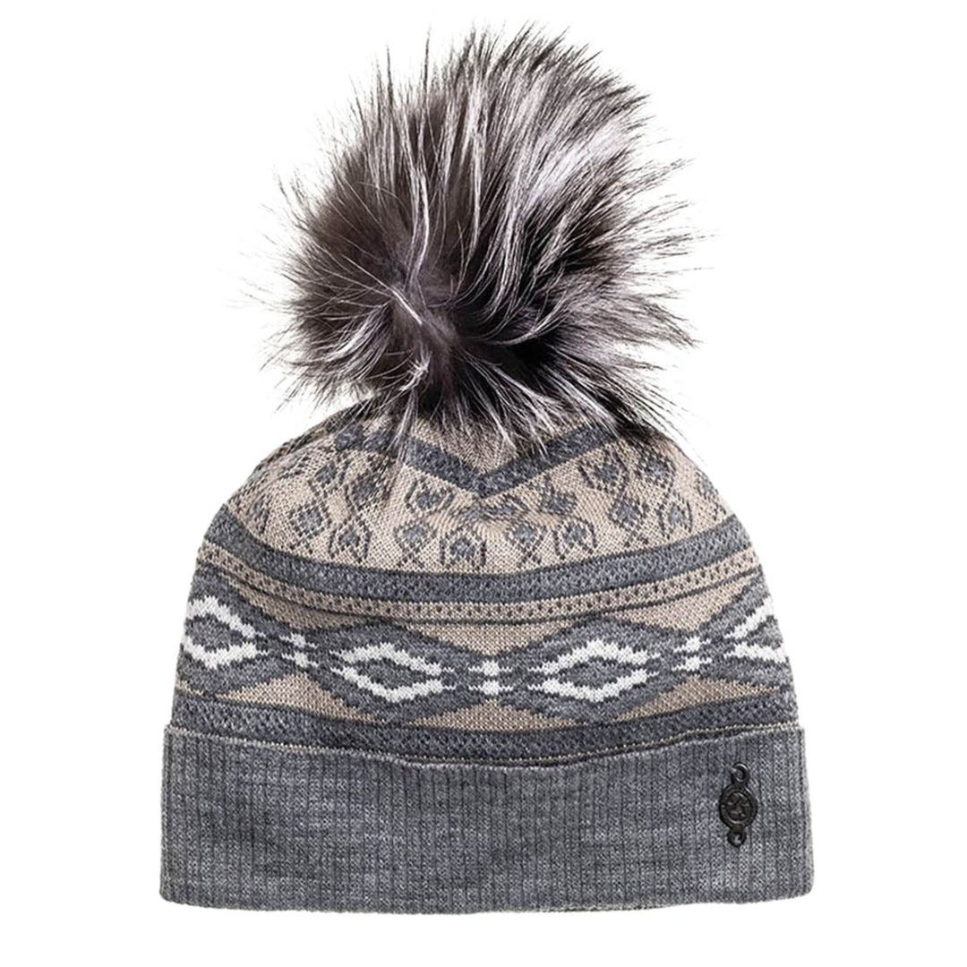 Tuque Harricana avec motifs vintages grise et beige avec un pompon gris