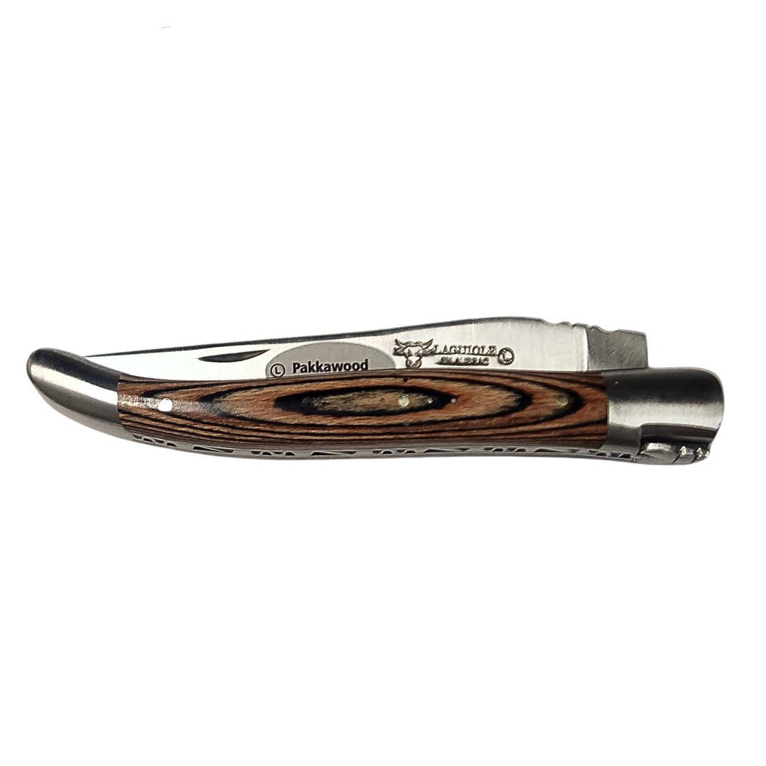 Couteau pliant brun ligné en pakkawood par Laguiole en Aubrac fermé