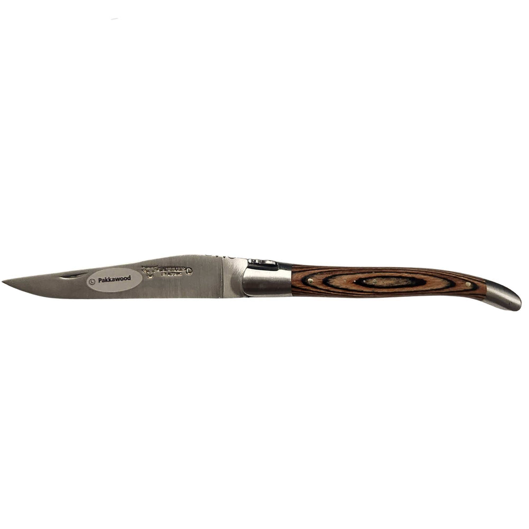Couteau pliant brun ligné en pakkawood par Laguiole en Aubrac ouvert