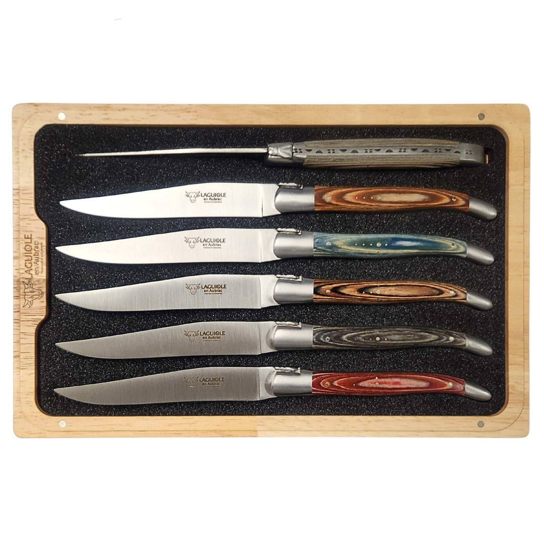 Coffret de six couteaux en pakkawood de différentes couleurs par Laguiole en Aubrac