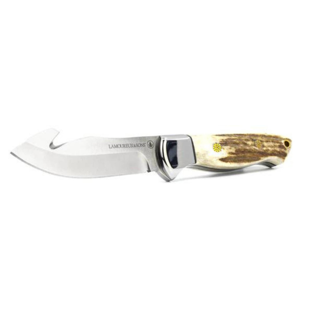 Couteau de chasse Lamoureux and Sons Radisson avec manche en bois de cerf vu de 3/4