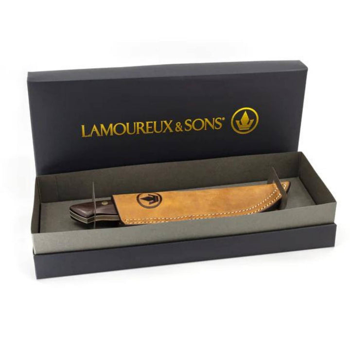 Couteau de chasse par Lamoureux and Sons Matapedia avec manche en bois de cocobolo dans sa boîte
