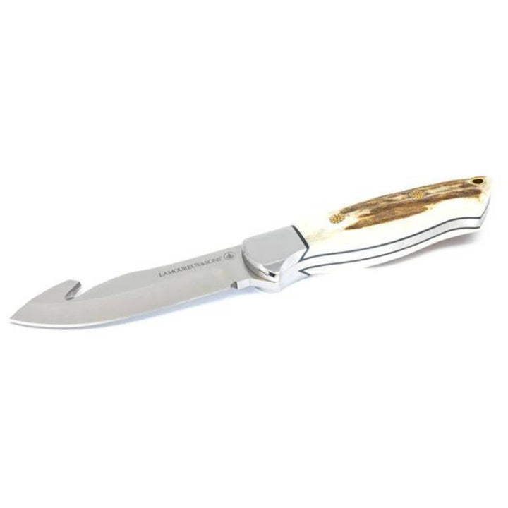 Couteau de chasse Radisson avec manche en bois de cerf par Lamoureux and sons couché