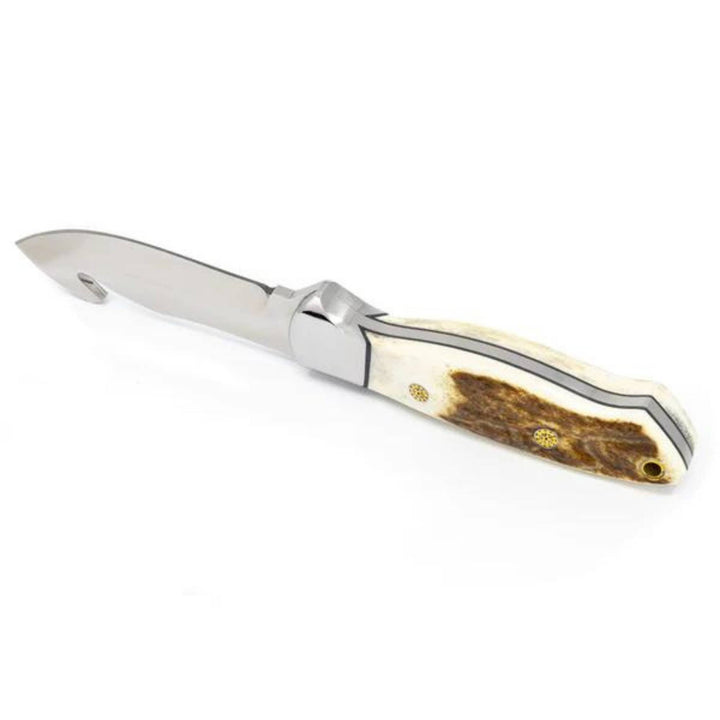 Couteau de chasse Radisson avec manche en bois de cerf par Lamoureux and sons sur le dos