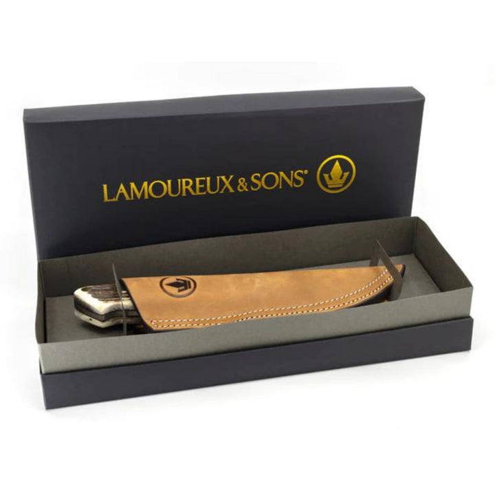Couteau de chasse Schefferville par Lamoureux and sons avec manche en bois de cerf dans sa boîte