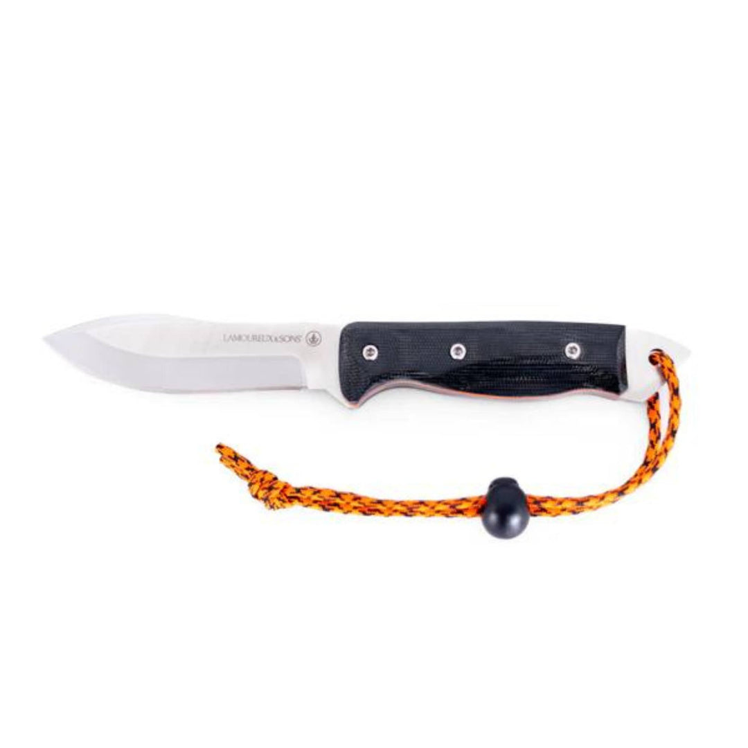 Couteau de chasse Schefferville pro guide noir et orange par Lamoureux and sons vu de dessus