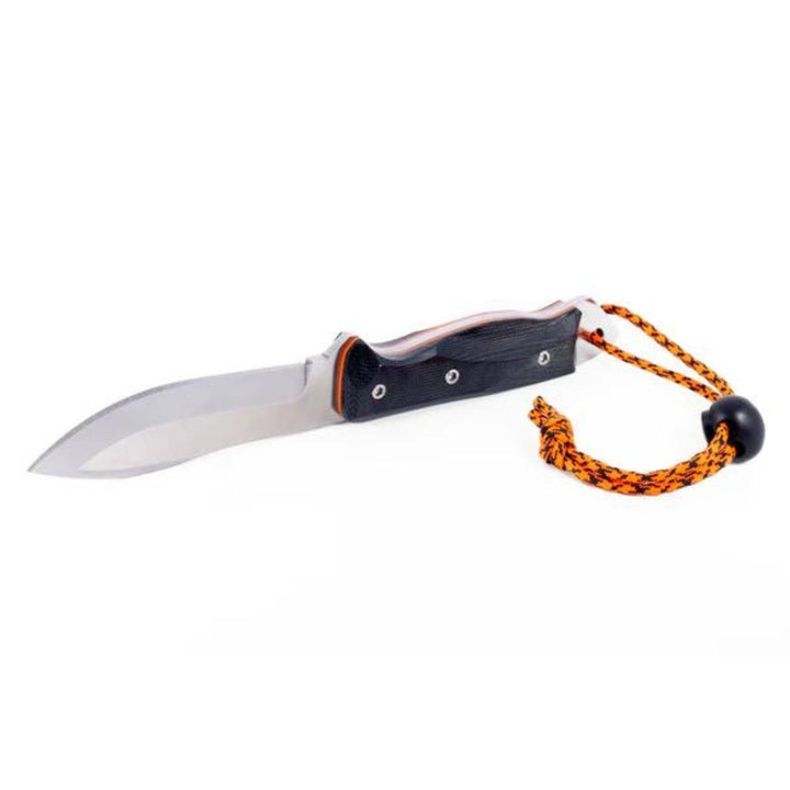 Couteau de chasse Schefferville pro guide noir et orange par Lamoureux and sons sur le dos