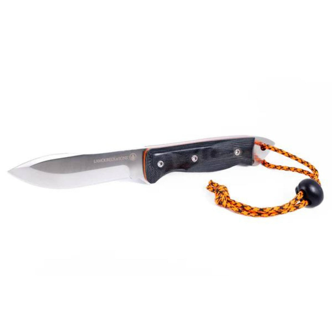 Couteau de chasse Schefferville pro guide noir et orange par Lamoureux and sons vu de face