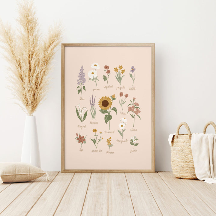 Affiche dans un cadre avec plusieurs fleurs par Mimosa Design avec un décor lifestyle