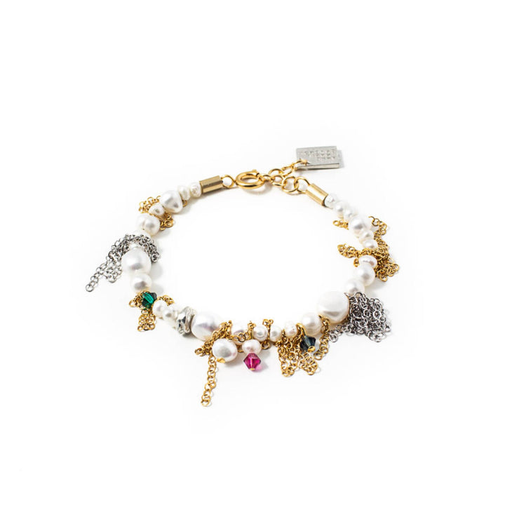 Bracelet Tiffa par Anne-Marie Chagnon doré avec chaînes argentée, perles , billes roses et turquoises