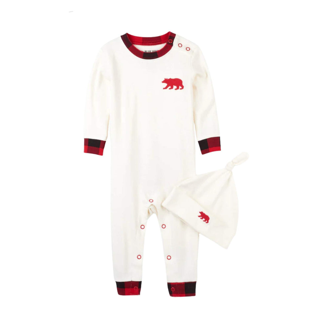 Barboteuse pour bébés avec motif carreauté et un dessin d'ours vue de devant