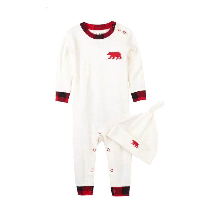 Barboteuse pour bébés avec motif carreauté et un dessin d'ours vue de devant