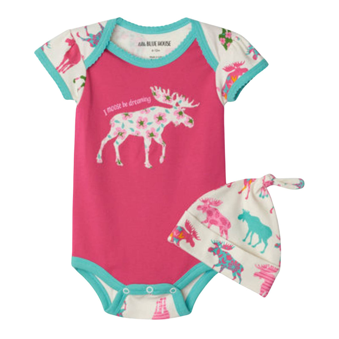 Pyjama une pièce pour bébé rose avec orignal à motif vu de devant