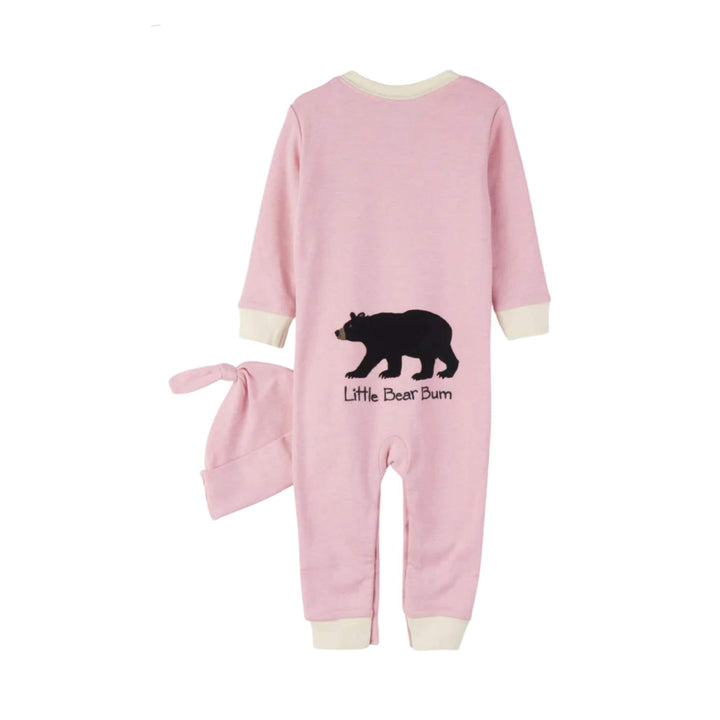 Barboteuse pour bébé Little Bear Bum rose avec bonnet par La petite maison Bleue vu de derrière avec un ours