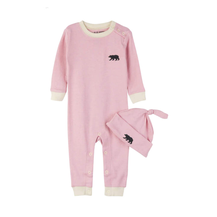 Barboteuse pour bébé Little Bear Bum rose avec bonnet par La petite maison Bleue