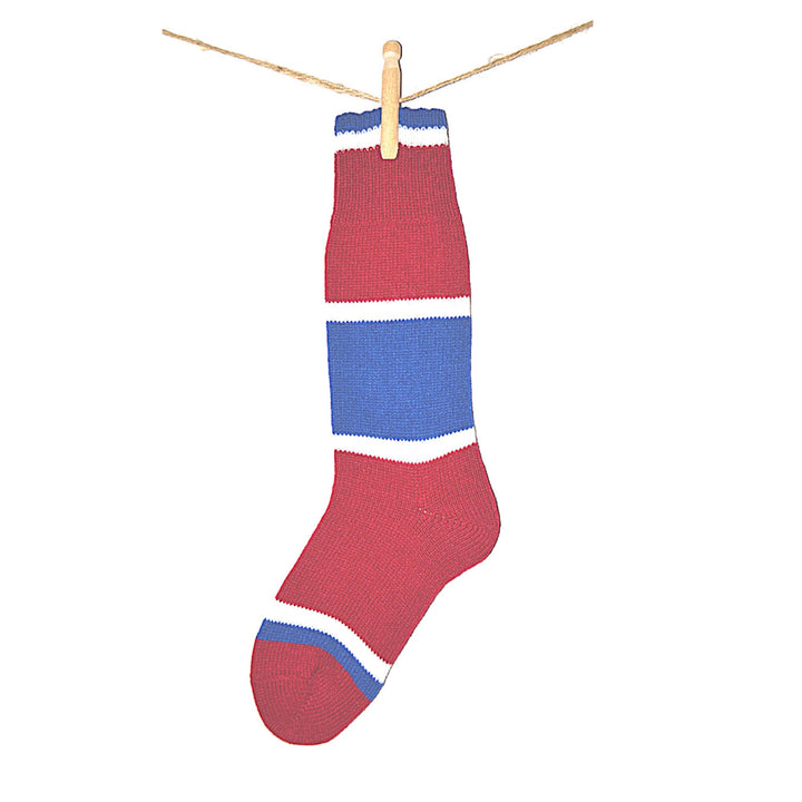 Bas de laine avec motif bleu,blanc et rouge le hockey par bas de laine et mot coquin