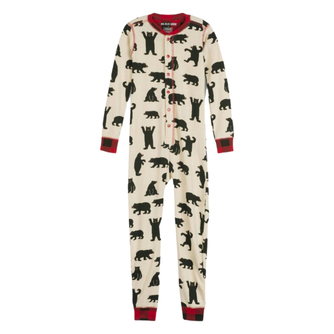 Combinaison pour enfant blanche et motifs a carreaux rouge et noir avec motif d'ours noirs BEAR BUM