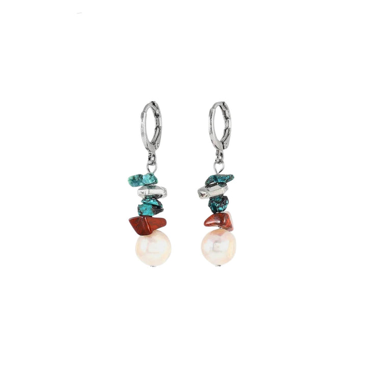 Boucles d'oreilles turquoises et brunes avec perle suspendue par Anne-Marie Chagnon